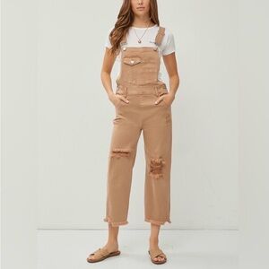 NWOT Risen Jeans Boutique Mocha Color Distressed Cropped Overalls